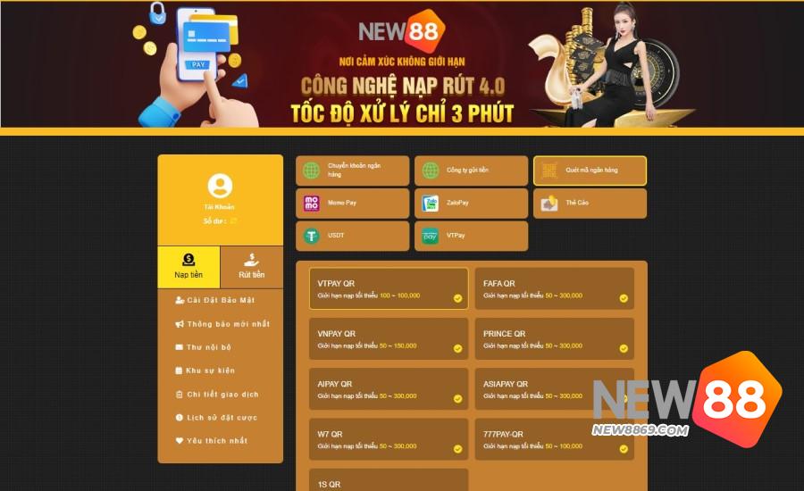 New88 cung cấp phương thức nạp tiền vào tài khoản bằng mã QR Code